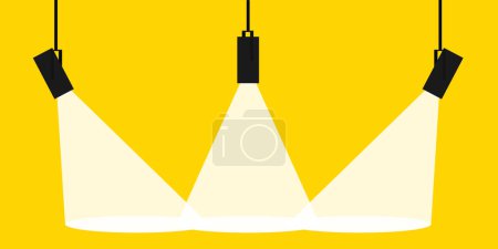 Icône d'éclairage de la lampe dans un style plat. Illustration vectorielle Spotlight. Pleins feux sur le film. Vecteur projecteur plat sur fond jaune avec espace pour le texte.
