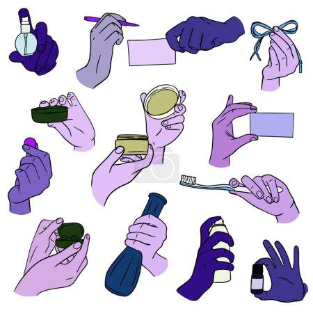 Ensemble de mains colorées tenant des trucs. Différentes opérations et gestes. Divers gestes, signes et symboles. Illustration vectorielle dessinée à la main EPS10.