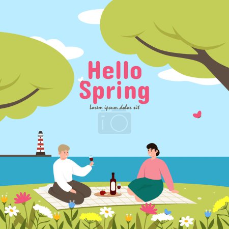 Hello Spring template. Happy family on picnic. Vector illustration EPS10