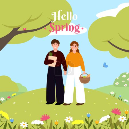 Bonjour modèle de printemps. Bonne famille en pique-nique. Illustration vectorielle EPS10