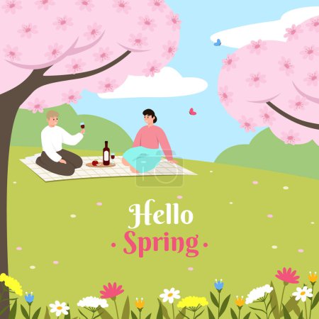 Bonjour modèle de printemps. Bonne famille en pique-nique. Illustration vectorielle EPS10