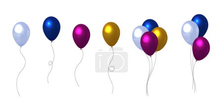 Illustration for Balloons flying up. Air baloons groups, festive decorations floating. Baloons bunches, bundles. Festive decorations floating, soaring. Helium ballons decor on strings. - Royalty Free Image