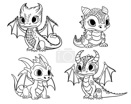 Cartoon dragon set. Fairy cute dragonfly icons collection. Contour image of a cartoon baby dragon. Vector illustration EPS10