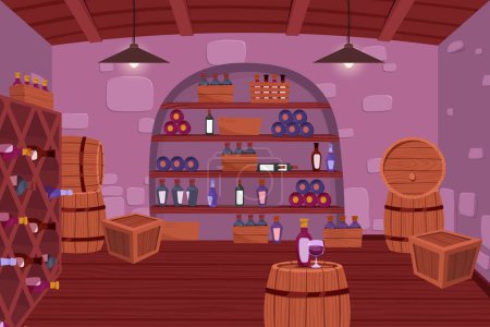 Wine cellar interior. Alcohol shelving with wine champagne barrel in castle basement. Wine shop, cellar interior with wooden barrels, shelves with glass bottles