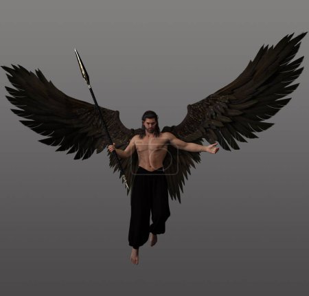 Photo for Fantasy Male Angel with dark hair, spear, and brown wings - Royalty Free Image