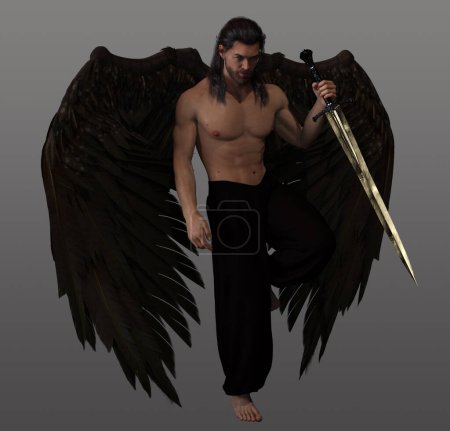 Fantasie männlicher Engel mit dunklen Haaren. Schwert und braune Flügel
