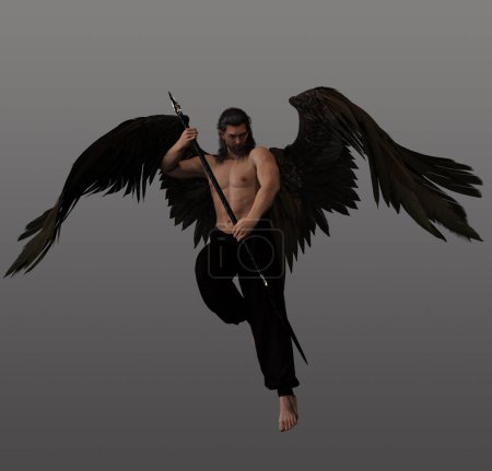 Fantasie männlicher Engel mit dunklen Haaren, Speer und braunen Flügeln