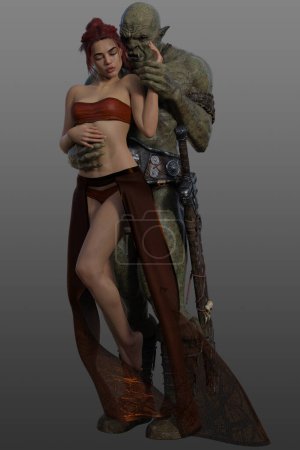3d render of an attractive young girl held by a fantasy Orc.