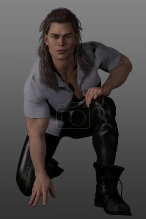 Foto de 3d renderizado de un guerrero macho de pelo largo agachado, con una camisa abierta. - Imagen libre de derechos