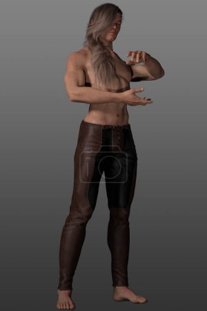 Foto de Hombre guapo Urban Fantasy musculoso con pecas que usan pantalones de cuero. Posando sin camisa con el pelo largo y rubio. - Imagen libre de derechos