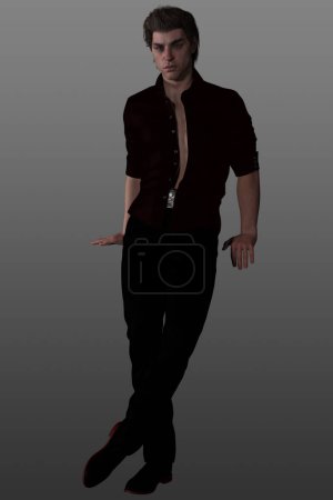 Foto de Atractivo joven vestido con una camisa y pantalones negros, posando sobre un fondo aislado. - Imagen libre de derechos