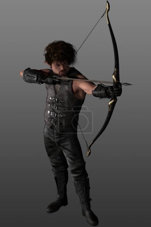 Foto de 3 d representación de un arquero fae macho. Elfo guerrero en ropa de fantasía posando con arco y flecha. - Imagen libre de derechos