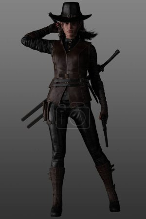 3D render of a female warrior, monster hunter, demon slayer, posing with a pistol and two swords strapped to her back.