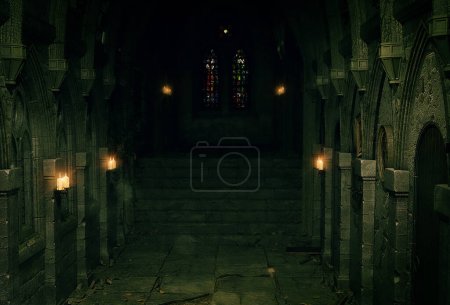 Foto de 3D renderizado, Interior del antiguo castillo, escaleras de piedra que conducen a vidrieras en la ciudad. - Imagen libre de derechos