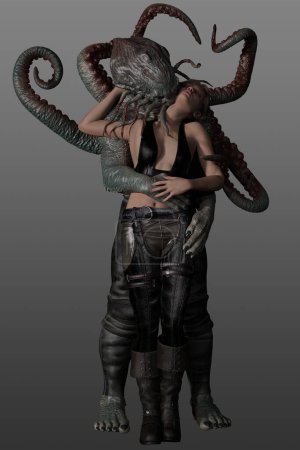 Foto de 3 d representación de una pareja de fantasía. Una hermosa hembra con un monstruo marino macho. - Imagen libre de derechos