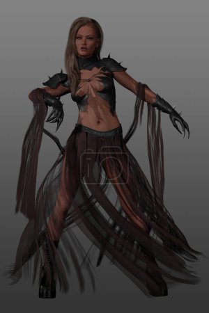 Photo for Beautiful young woman in a fantasy outfit with side cut hair style and dreads. 3D render on isolated background. Long gloved nails and a floating cloth gown. - Royalty Free Image
