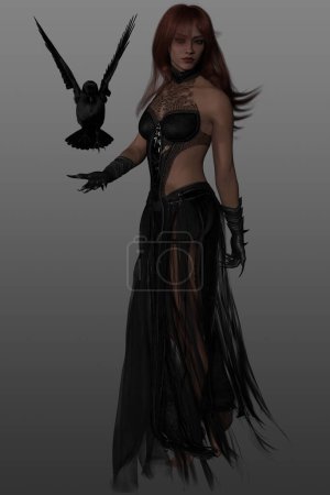 Foto de Representación en 3D de una mujer pelirroja de fantasía con un disfraz de fantasía con su compañero de cuervo, aislada sobre un fondo gris. - Imagen libre de derechos