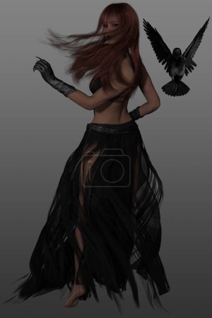 Foto de Representación en 3D de una mujer pelirroja de fantasía con un disfraz de fantasía con su compañero de cuervo, aislada sobre un fondo gris. - Imagen libre de derechos