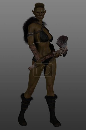 Téléchargez les photos : Rendu 3D d'un Ogre femelle. Femme guerrière à la peau verte avec une hache sanglante sur un fond isolé. - en image libre de droit
