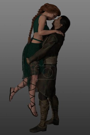 Foto de Representación en 3D de una hermosa mujer pelirroja con un disfraz de fantasía y un apuesto elfo masculino con túnicas de elfo. Abrazando pareja. - Imagen libre de derechos