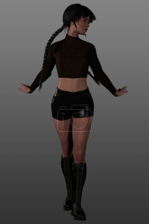 3D-Darstellung einer jungen schönen Frau in Latex-Shorts, abgeschnittenem Oberteil und kniehohen Stiefeln, mit langen dunklen Haaren in Zöpfen.