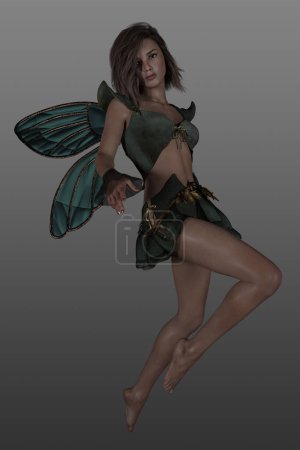 3D rendering of a beautiful brunette fantasy fairy wearing a cute green outfit with green wings. Isolated on a grey background.