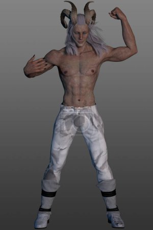 Foto de Representación en 3D de un demonio de pelo blanco y cuernos pálidos, con pantalones blancos y grises. Monstruo de pelo blanco sin camisa. Aislado sobre un fondo gris. - Imagen libre de derechos