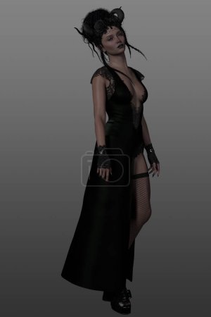 Foto de 3 d renderizado de mujer sexy. Bruja oscura y reina. Vestido negro y tocado. Aislado sobre un fondo gris. - Imagen libre de derechos
