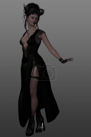 Foto de 3 d renderizado de mujer sexy. Bruja oscura y reina. Vestido negro y tocado. Aislado sobre un fondo gris. - Imagen libre de derechos