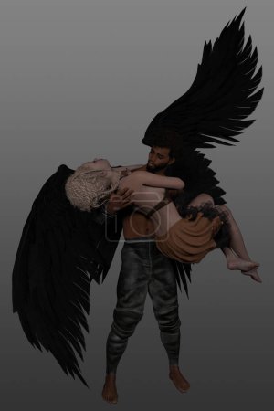 Photo for 3D render of a male African American Angel with black wings lifting a white woman with blonde hair. - Royalty Free Image