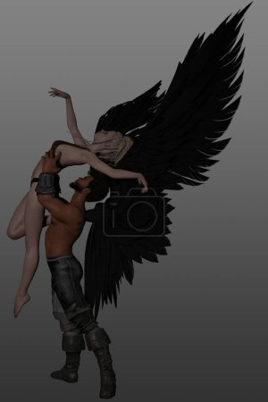 Photo for 3D render of a male African American Angel with black wings lifting a white woman with blonde hair. - Royalty Free Image