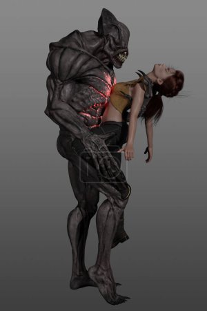 Foto de 3D Renderizado de demonio llevando a una mujer, aislado sobre un fondo gris - Imagen libre de derechos