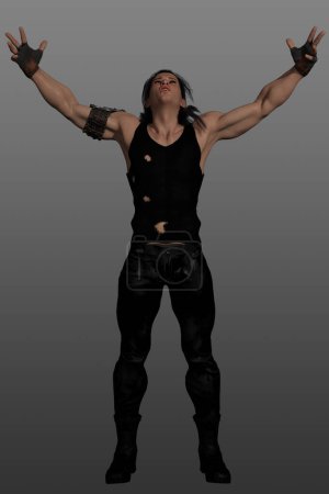 3D-Darstellung eines männlichen Kriegers mit schwarzen, langen schwarzen Haaren und Handschuhen, isoliert auf grauem Hintergrund.