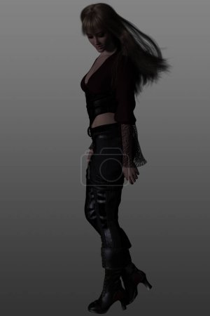 3D-Darstellung einer attraktiven gotischen Frau, die Leder trägt und auf einem isolierten Hintergrund posiert.