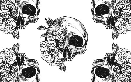 Illustration for Skull with exotic flowers. Black on a white background, Skull sketch vector illustration, Vector hand drawn illustration. - Royalty Free Image