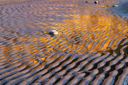 Photo for Structures in the mudflats with glowing water reflections from the evening sun - Royalty Free Image