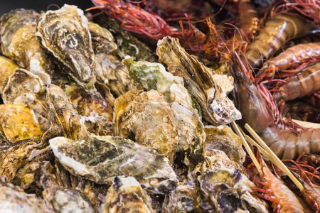 Photo for Picture of a bunch of oysters and prawns at a stall of a fish market - Royalty Free Image
