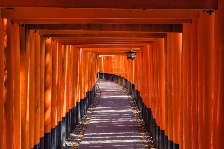 Foto de Foto del famoso camino de Torii con una linterna colgante en el santuario de Fushimi Inari-Taisha, distrito de Kyoto, Japón - Imagen libre de derechos