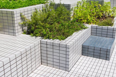 imagen de la instalación de banco de azulejos con decoraciones de plantas en espacios públicos