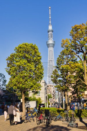 Photo for Tokyo, Japan - April 09, 2023: street view with the Tokyo Skytree in the background. Tokyo Skytree is a broadcasting and observation tower in Sumida, with a height of 634 m - Royalty Free Image