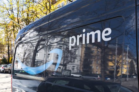Photo for Munich, Germany - April 05, 2023: Prime inscription on an Amazon delivery truck. Amazon is a multinational e-commerce company, Prime is a paid fast delivery service - Royalty Free Image