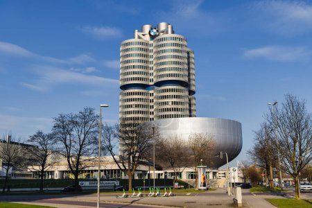Photo for Munich, Germany - April 05, 2023: modern buildings of the BMW Museum and the BMW Tower. BMW is a German multinational manufacturer of luxury vehicles - Royalty Free Image