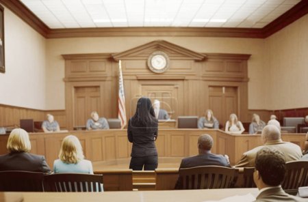 Téléchargez les photos : Attasteur parlant au magistrat au tribunal. le concept d'ajustement de la loi - en image libre de droit