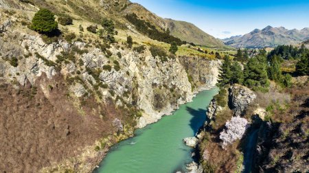 Photo for River and Southern Alps scenery from where the Waiau and Hanmer rivers meet at the  Hanmer Springs bungee jumping site - Royalty Free Image