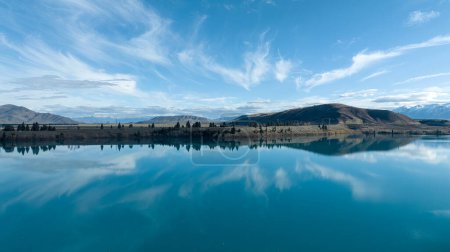 Photo for Aerial photography from  a drone of the Lake Ruataniwha rowing course at Twizel in the McKenzie country - Royalty Free Image