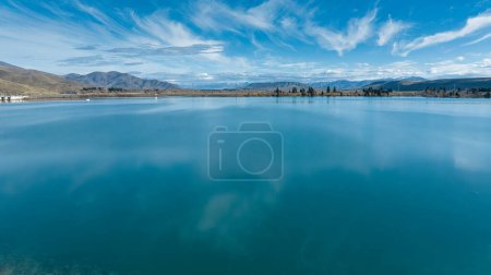Photo for Aerial photography from  a drone of the Lake Ruataniwha rowing course at Twizel in the McKenzie country - Royalty Free Image