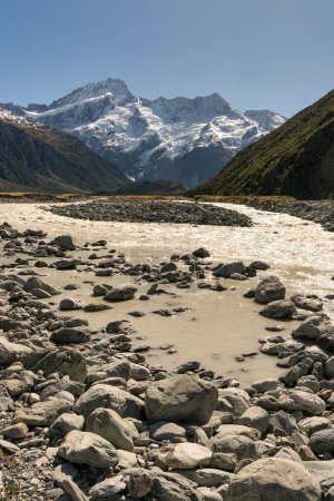Téléchargez les photos : La rivière Tasman qui coule rapidement à travers la vallée de Tasman dans le parc national Aoraki Mt Cook sous la neige couverte des Alpes du Sud - en image libre de droit
