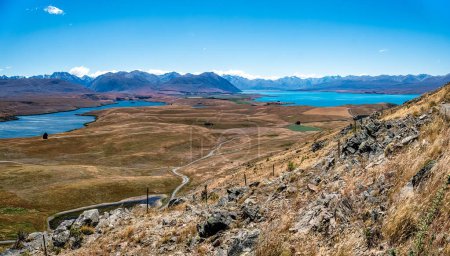 With the Southern alps in the background  Lake Alexandrina is on the left and Lake Tekapo on the right from the Mt John conservatory walk
