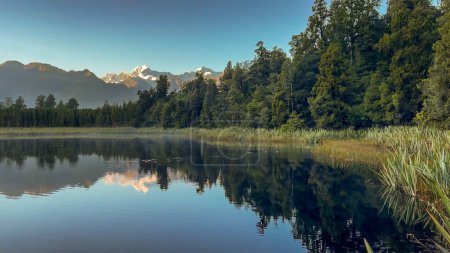 Landschaftlich spiegelnder Matheson-See an der Westküste Neuseelands