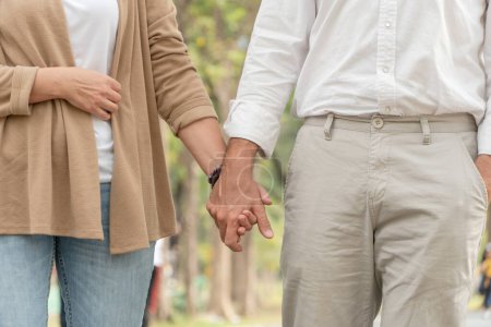 Téléchargez les photos : Heureux couple romantique tenant la main, homme et femme amoureux, Ils passent du temps au parc ensemble, marchant pour la santé et le bien-être concept - en image libre de droit